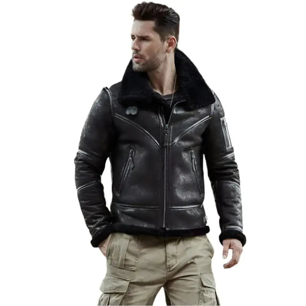 Men's Black B-3 Shearling Flight Jacket – Aviator Winter Coat-2