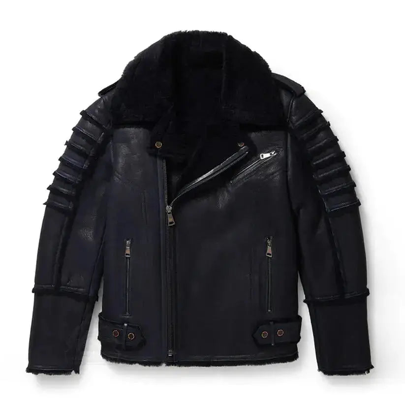 Men’s Black Aviator Sheepskin Moto Shearling Leather Jacket-0