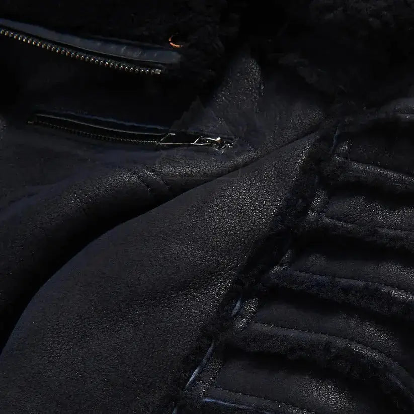 Men’s Black Aviator Sheepskin Moto Shearling Leather Jacket-3
