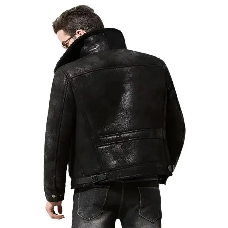 Mens Black Shearling Leather Aviator Jacket-1