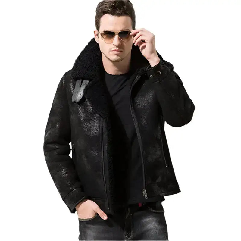 Mens Black Shearling Leather Aviator Jacket-0