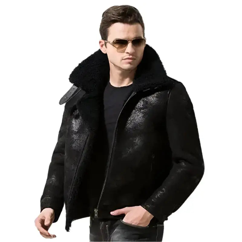 Mens Black Shearling Leather Aviator Jacket-2