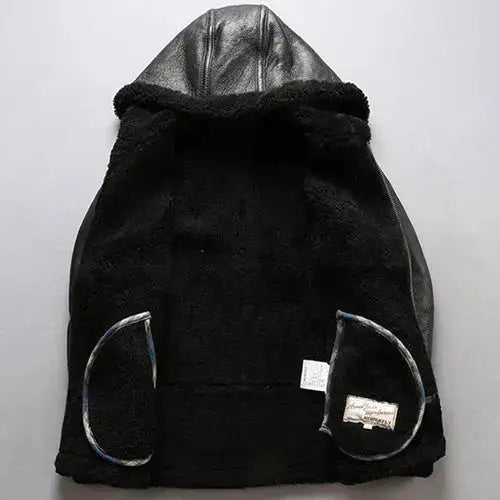 Mens Black Shearling Sheepskin Fur Hooded Coat-2