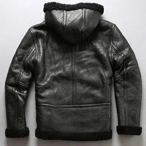 Mens Black Shearling Sheepskin Fur Hooded Coat-1
