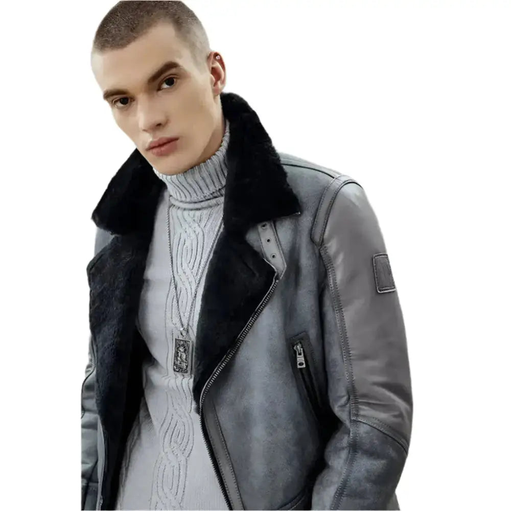 Men’s Metallic Gray B3 Shearling Bomber Jacket-4