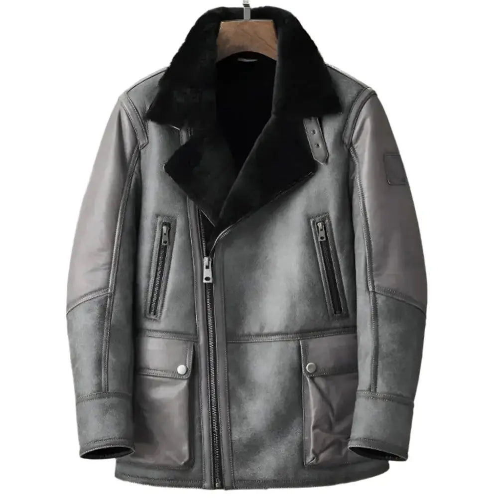 Men’s Metallic Gray B3 Shearling Bomber Jacket-0