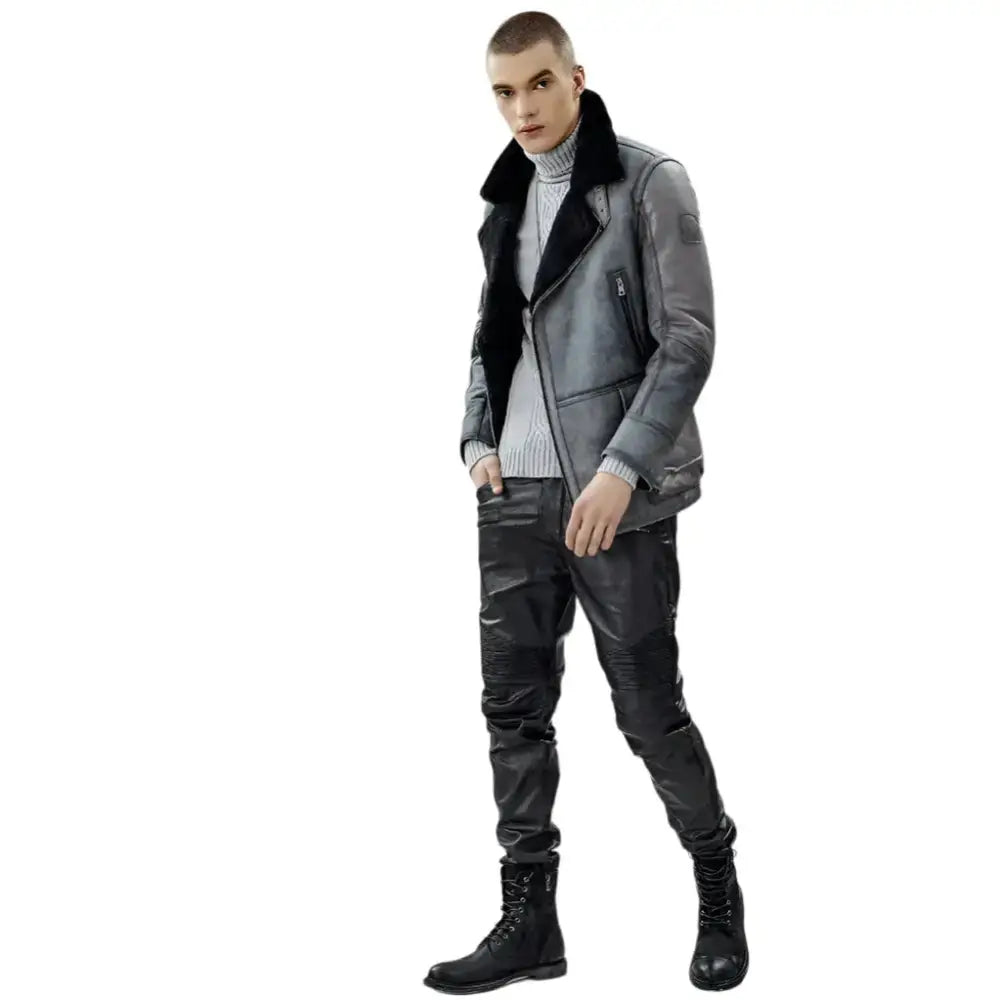 Men’s Metallic Gray B3 Shearling Bomber Jacket-2