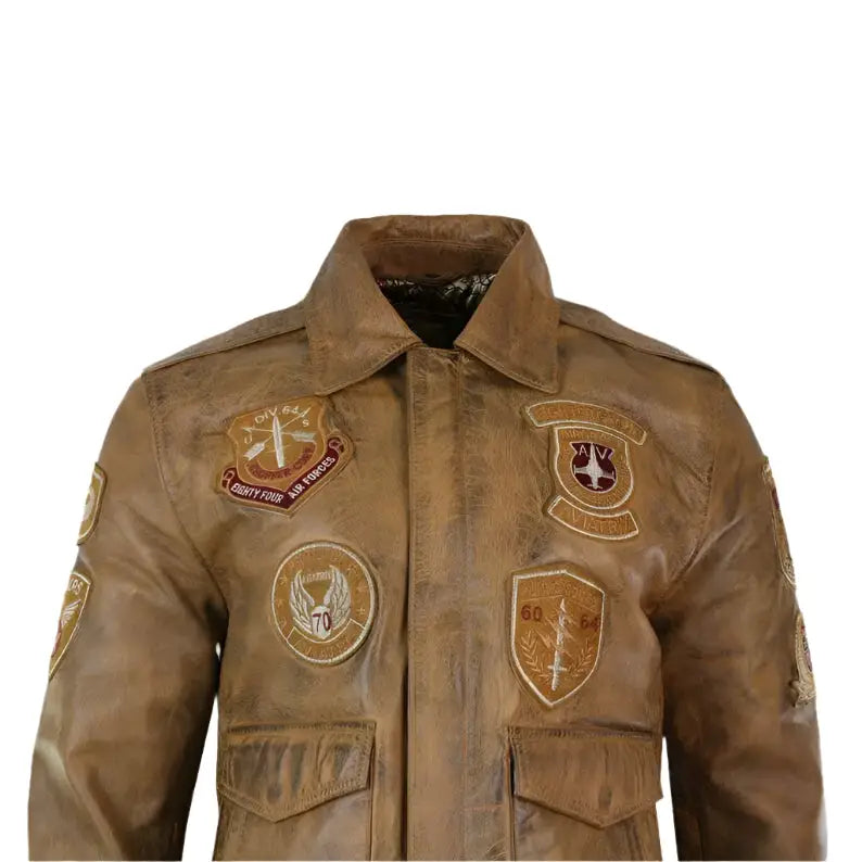 Men’s Vintage Tan Aviator Bomber Jacket with Removable Black Fur-2