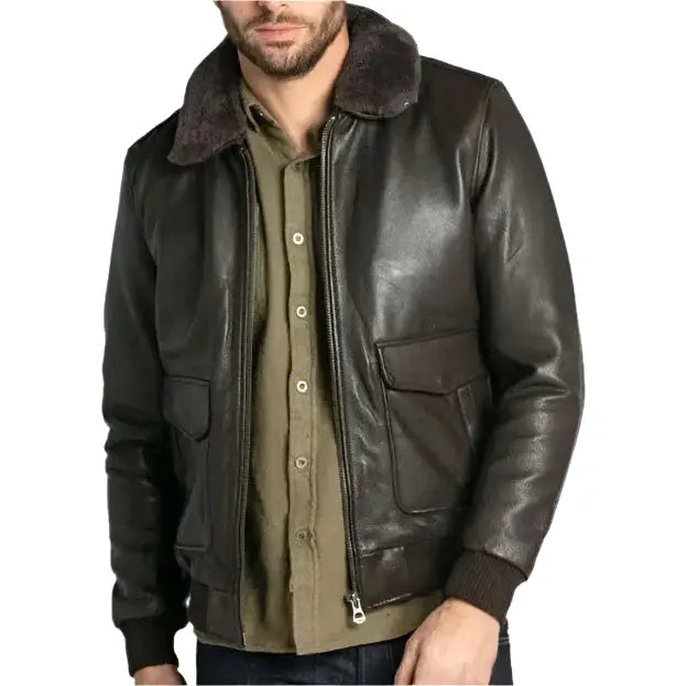 Brown Cowhide Leather Aviator Jacket-2