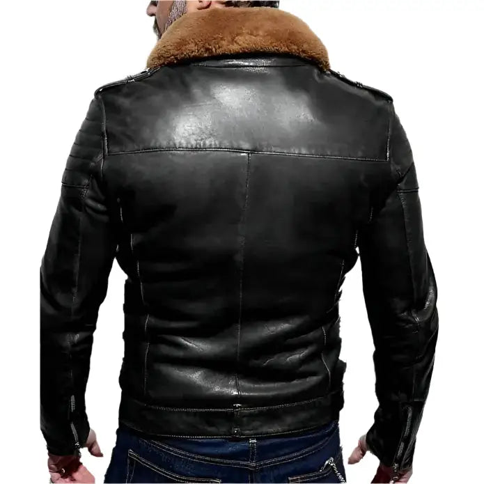 Men’s Versatile Aviator-Style Black Leather Jacket with Removable Collar-1
