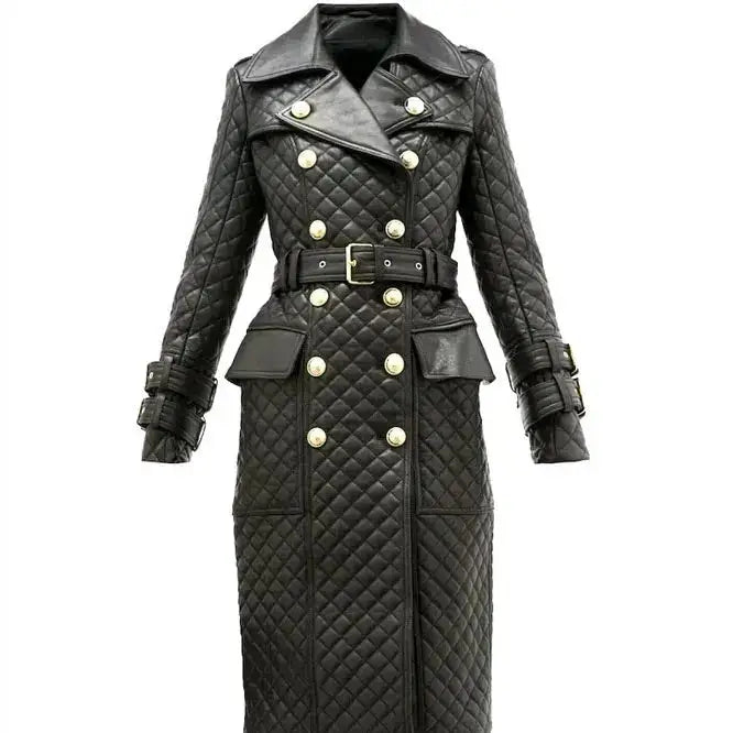 Women's Double-Breasted Quilted Leather Trench Coat-0