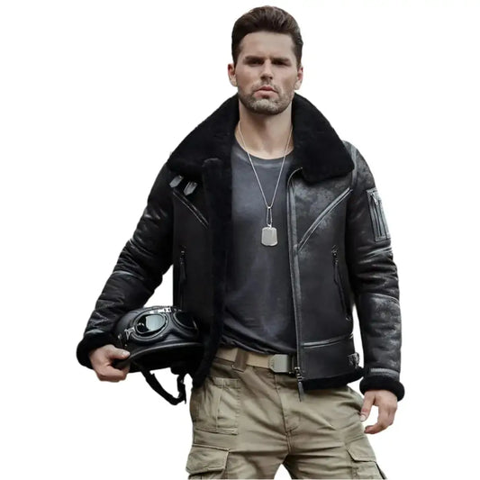 Men's Black B-3 Shearling Flight Jacket – Aviator Winter Coat-1