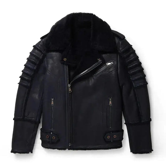 Men’s Black Aviator Sheepskin Moto Shearling Leather Jacket-0