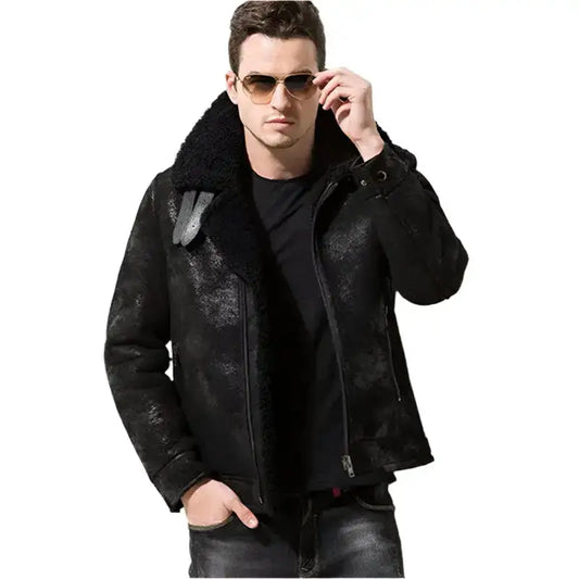 Mens Black Shearling Leather Aviator Jacket-0