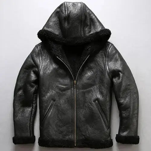 Mens Black Shearling Sheepskin Fur Hooded Coat-0