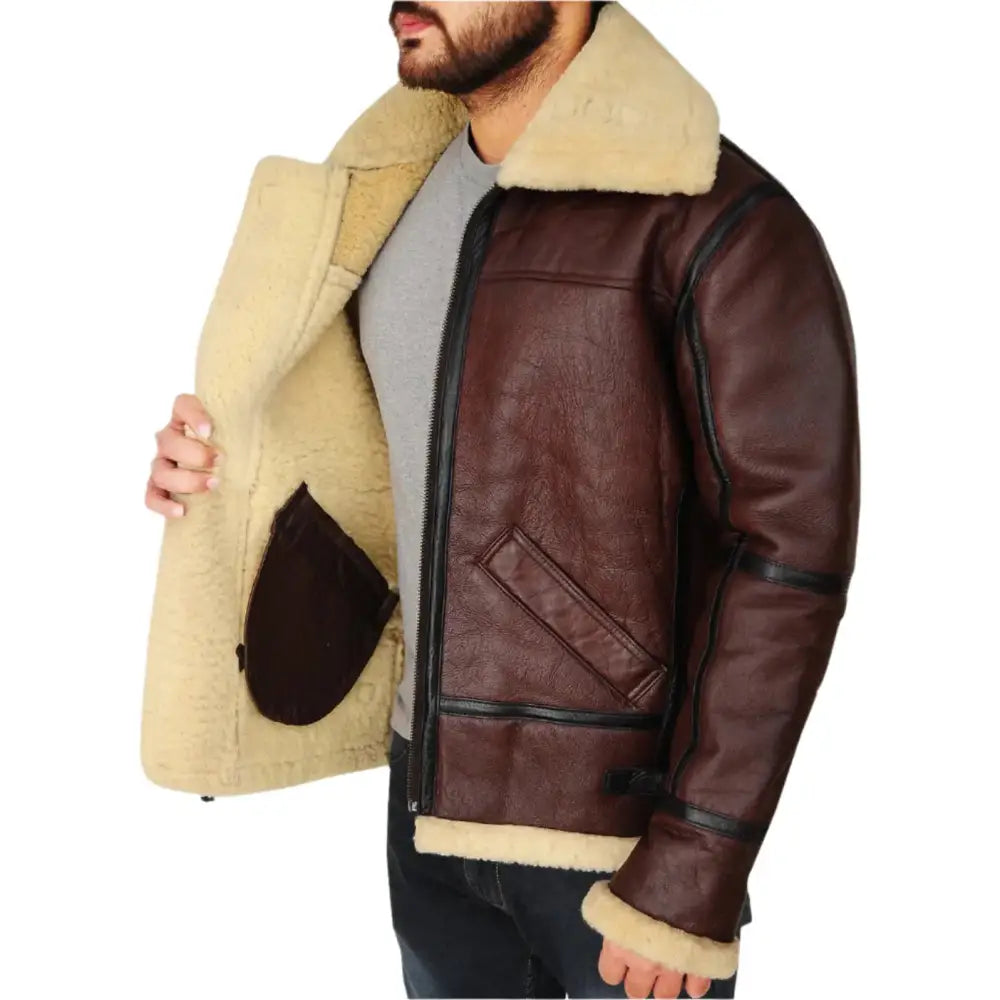 Mens Brown Shearling B3 Bomber Jacket-3