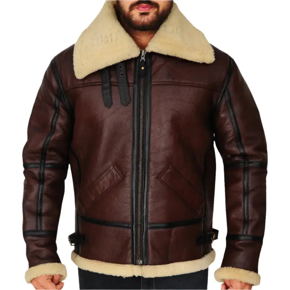 Mens Brown Shearling B3 Bomber Jacket-4