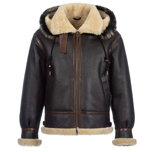Mens Hooded Shearling Sheepskin Pilot Jacket-0