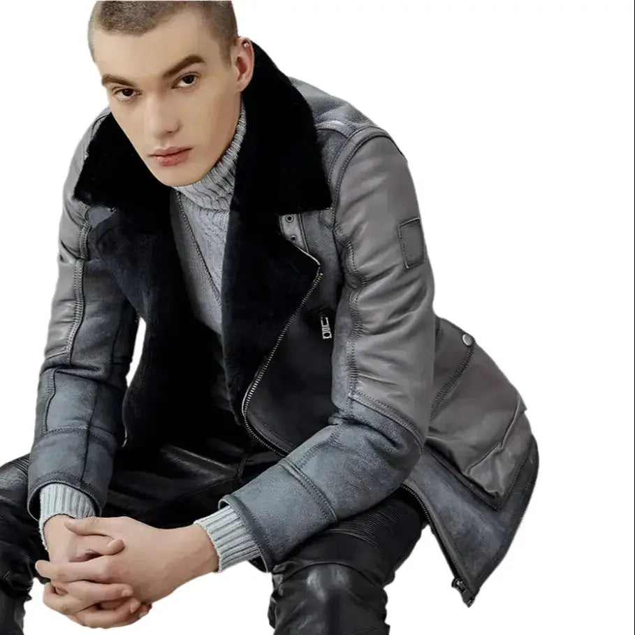 Men’s Metallic Gray B3 Shearling Bomber Jacket-3