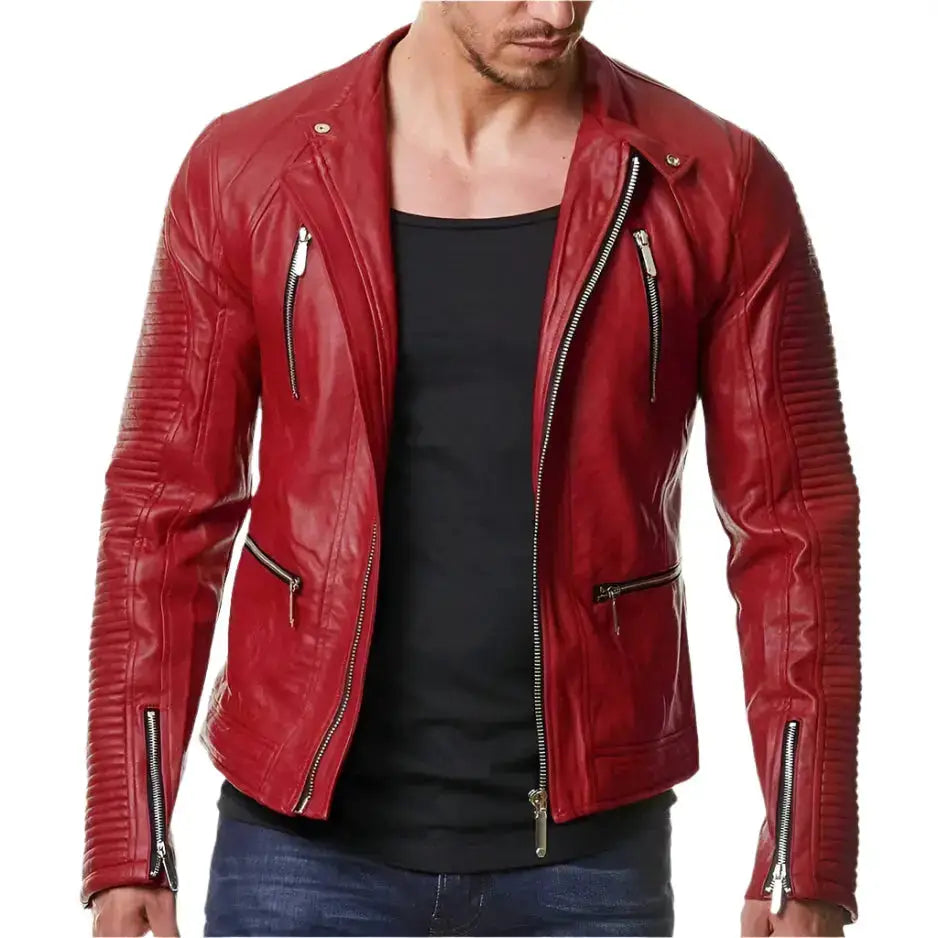Men's Red Slim Fit Leather Biker Jacket-0