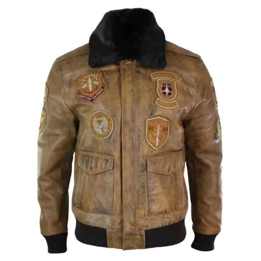 Men’s Vintage Tan Aviator Bomber Jacket with Removable Black Fur-0