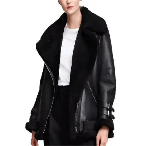 Women's Black Leather B3 Bomber Jacket-0