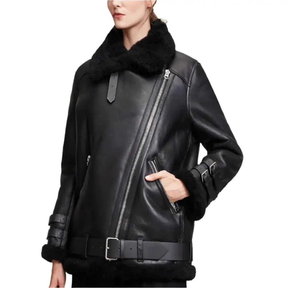 Women's Black Leather B3 Bomber Jacket-2