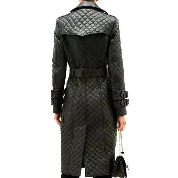 Women's Double-Breasted Quilted Leather Trench Coat-1