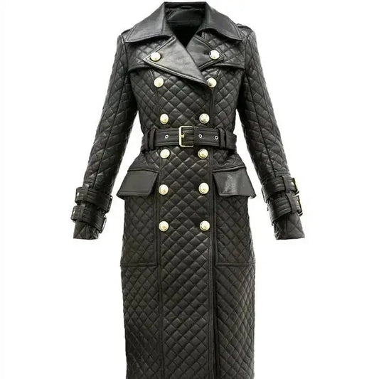 Women's Double-Breasted Quilted Leather Trench Coat-0